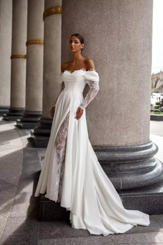 Rjer Off Shoulder Satin Wedding Dresses for Bride Lace Long Sleeve Prom Dresses Ball Gown4