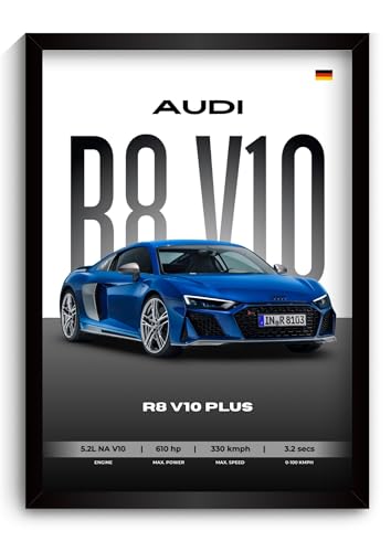 Image of Audi R8 Poster | Framed A4 Sized (31 x 23 cm) | Car Posters for Wall, Gift for Boys | Supercar Frames | Audi Poster R8 V10 Plus Sportscar Frame | Car Posters for Wall, Bedroom, Hostel, Study Room (F 126)