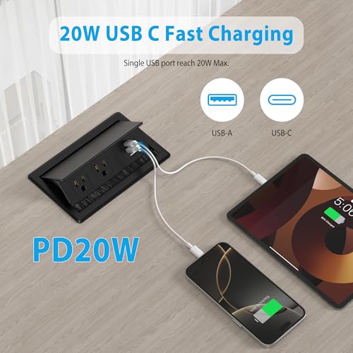 Table Power Outlet Hub PD20W USB-C Fast Charging Station, Recessed Outlet with 2AC Outlets and USB Ports for Conference Room Kitchen Countertop, Black by HEZI - Image 3