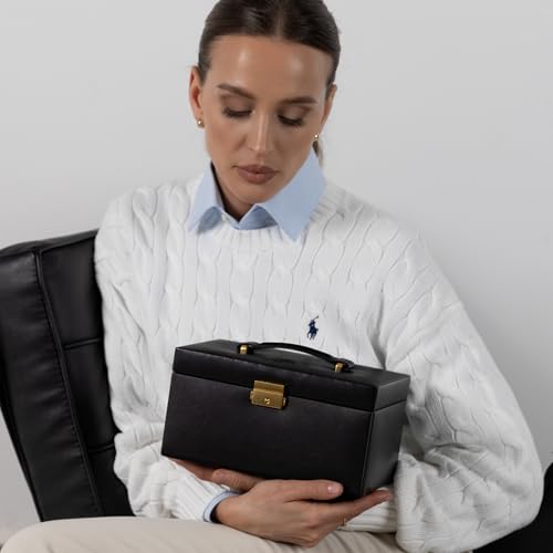 Image of Time Resistance Jewelry Box - Full Grain Leather Jewellery Organizer - Accessories Storage Key Lock - Jewellery Box (Black)