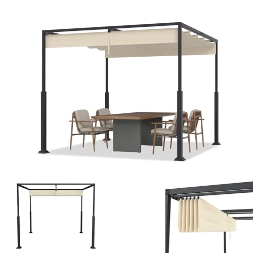 ACXIN Pergola con tetto apribile, tetto in acciaio, impermeabile, 160 g, in poliestere rivestito in PA, gazebo da giardino autoportante con protezione solare regolabile (beige, 3 x 3 m)