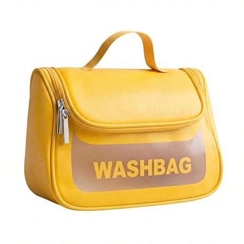 Image of Cosmetic Bag for Women, PU Leather Makeup Pouch, Large Capacity Travel Makeup Organizer with Divider & Handle, Waterproof Portable Vanity Storage Bag for Toiletries (Washing Bag-Yellow)