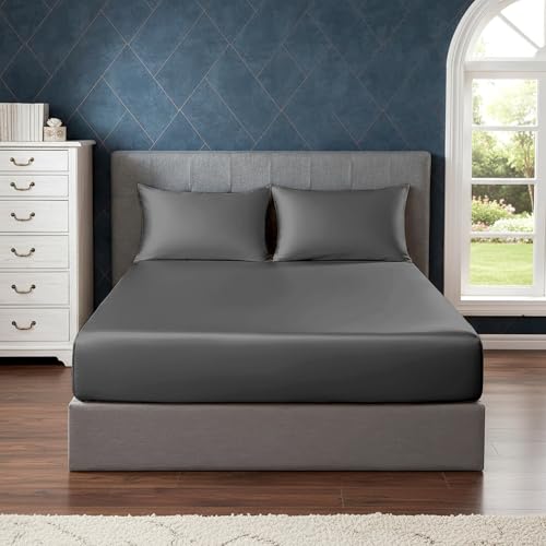 Image of Soft and Silk Satin Fitted Bedsheet for King Size 72X78 +12 in - Elastic Fitted Sheet 400 TC Hotel Collection for Bedroom | Fitted Sheet with Pillow Cover - Dark Grey, King Size