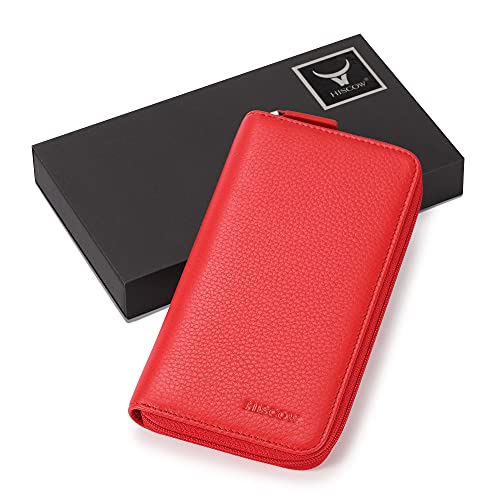 Image of HISCOW Leather Checkbook Cover, Zippered Wallet, Pebbled Red | Full grain cowhide, 5cc & ID window, personal check book & register pockets, removable duplicate divider, women secure zipper