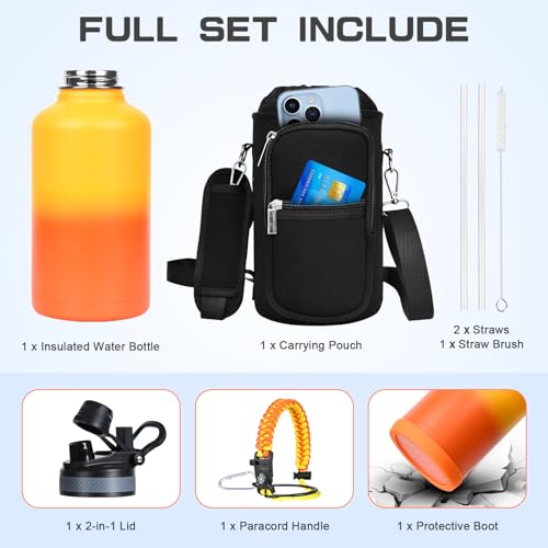 Image of GAZLEMHO Insulated Water Bottle 64 oz, Half Gallon Water Jug Cold 48H, BPA Free Stainless Steel Bottles with Straw /Chug 2-in-1 Lid, Bag, Paracord Handle, Silicone Boot, Sports Gym School Metal Flask