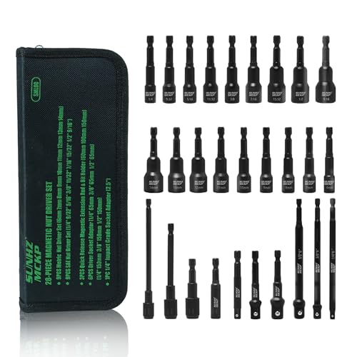 SUNHZMCKP Magnetic Nut Driver Set, 28 PCS Impact Driver Bit Set with 1/4' Quick Change Hex Shank, Metric & SAE Deep Nut Driver Set with Impact Socket Adapters, Bit Holder and Storage Bag