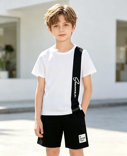 Image of Ayzozuy Boy Clothes Colorblock Top + Drawstring Waist Shorts 2 Pieces Kid Summer Outfits Set