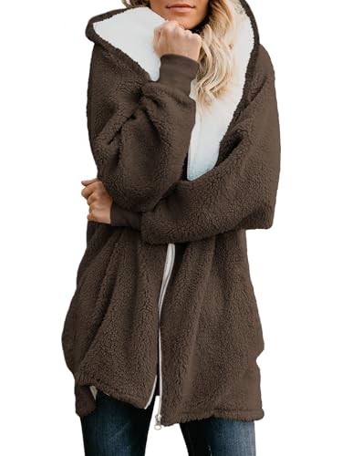Yanekop Übergroße Sherpa-Jacke für Damen, flauschig, Fleece, Reißverschluss, warme Wintermäntel, Kunstfellmantel mit Taschen, B Braun, XL