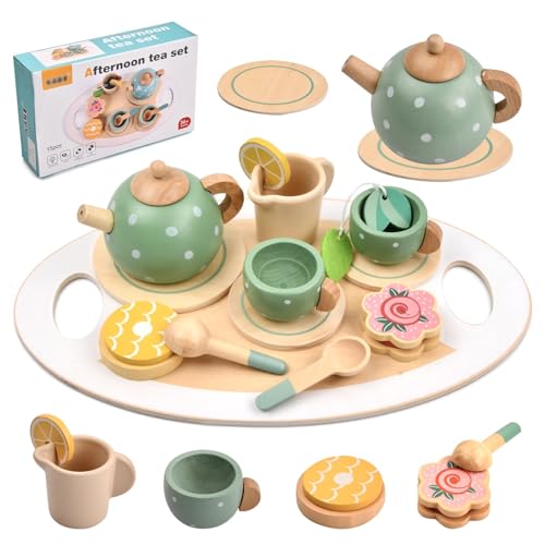 Vesaneae 15 Pezzi Set da Tè per Bambini, Servizio da Tè Giocattoli in Legno, Gioco di Ruolo del Tea Party, Educativi Montessori Cucina Giocattolo, Regalo per Ragazzi Ragazze Oltre 3+ Anni