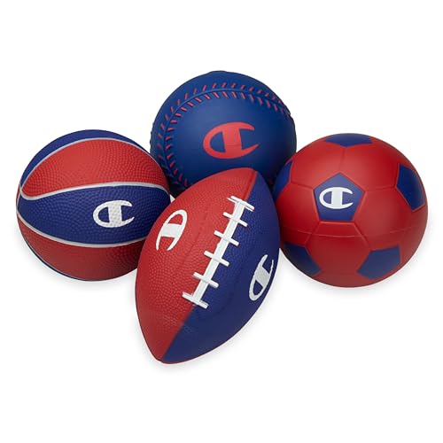 Champion All-Weather Mini Sports Balls (Pack of 4 Classic) Rubber & PVC-Cover Soccer Basketball & Football & Baseball Durable Construction for Backyard Playground School and Indoor Play