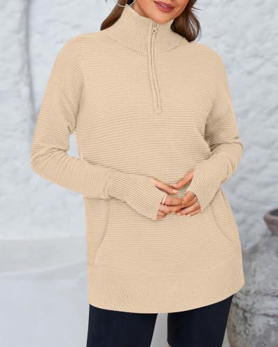 BTFBM Sweaters for Women Fall Clothes 2026 Pocket Quarter Zip Pullover V Neck Long Sleeve Knit Trendy Winter Sweater(Apricot, X-Large) — view 5