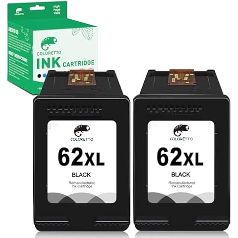 COLORETTO 62XL Ink Cartridge for HP Envy 7645 7640 5540 5642 5643 5640 5660 Officejet 5740 5746 200 250 258 Printers as Replacement of HP 62 XL 62xl hp62xl hp62 High Yield Combo Pack (2 Black) Cover