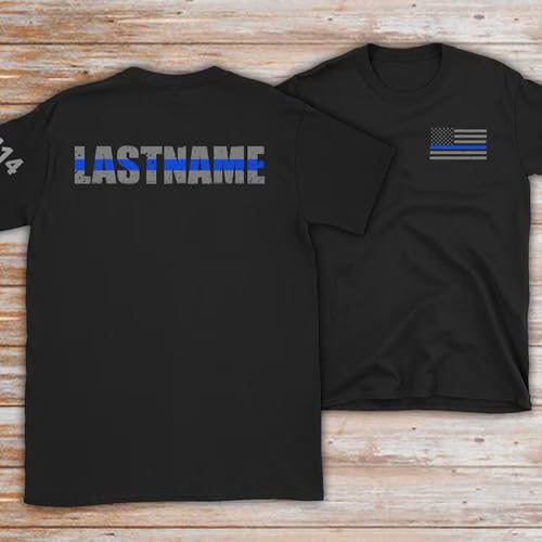 Personalized Last Name Police T-Shirt Name & Badge Number Custom Thin Blue Line USA Vertical Flag Policemen Tee Shirt Retirement Gift Idea for Cop (T-Shirt)4