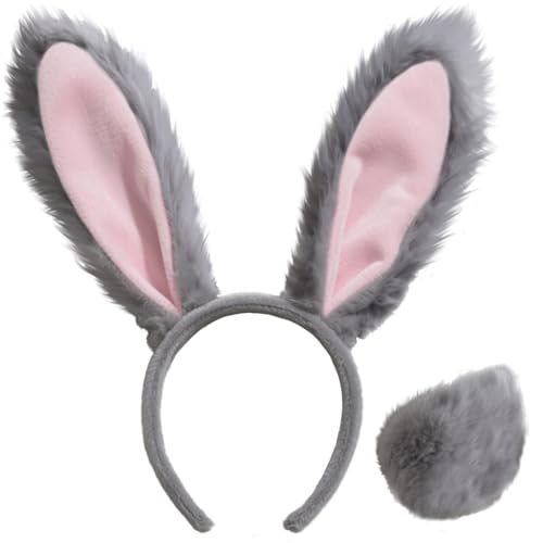 Seshfaha Bunny Ear Headband & Tail Set Plush Rabbit Ears Costume Accessories for Easter Halloween Cosplay Parties (grey)