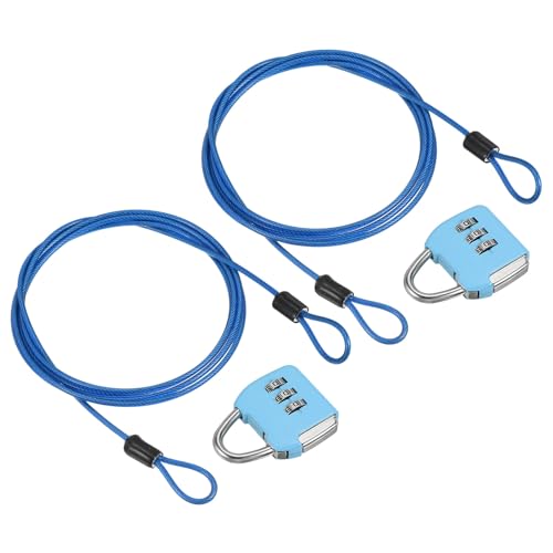 Image of PATIKIL Security Steel Cable with 3 Digit Combination Lock, 2 Set Travel Padlock 4.9Ft Coated Safety Wire Rope Double Loop for Luggage Suitcase, Sky Blue