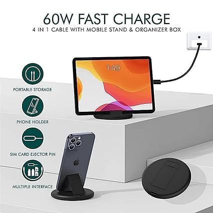 Image of Original All in One 60W USB Fast Charging Travel Cable Set Type C and Micro USB Port Inbuilt Mobile Stand Compatible with lPhone, iPad,Samsung,OnePlus, Mi,Oppo,Vivo,iQOO (All in 1, Black)(APR203)