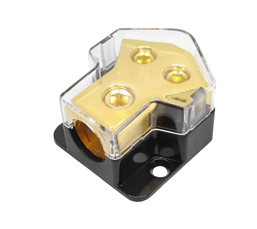 Bissou 2 Way Power Distribution Block, 1/0 Gauge x 1 in 4 Gauge x 2 Out Power/Ground Distributor for Car Audio Amplifier Splitter 1pcs, Golden