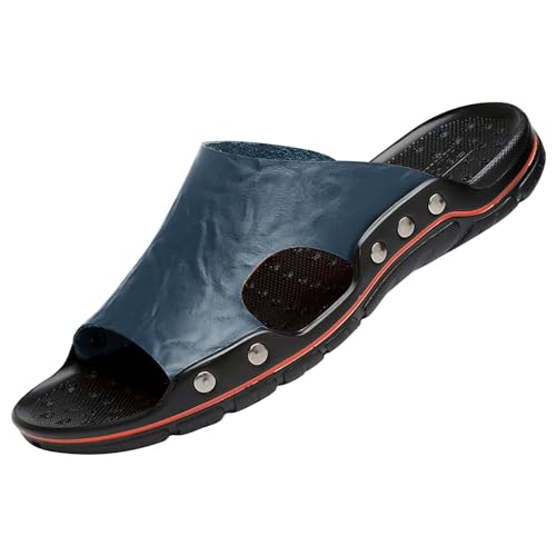Zapatillas de estar por casa para hombre, de piel, para verano, ligeras, para la ducha, sauna, verano, antideslizantes, suaves, cómodas y cómodas, con pies anchos, cómodas, para interiores, azul, 43