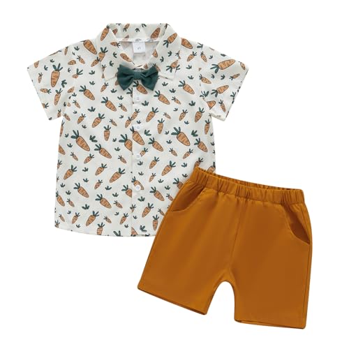 Image of Owl's-Yard Baby Boy Easter Outfits Rabbit Carrot Short Sleeve Button Down Shirts and Solid Color Shorts 2 Pcs Summer Set