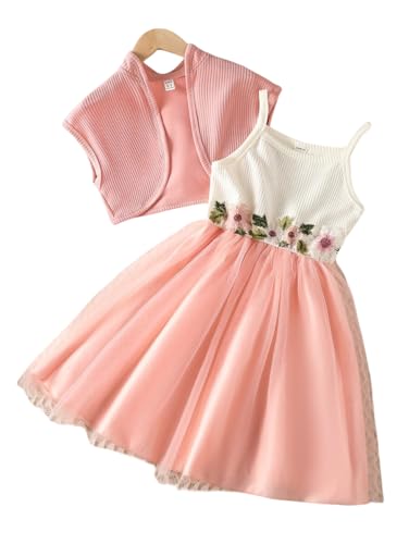 Image of Girls Peach Floral Embroidered Party Dress with Matching Shrug | Sleeveless Tulle A-Line Frock for Kids | 2-Piece Birthday & Festive Outfit(DW-100)