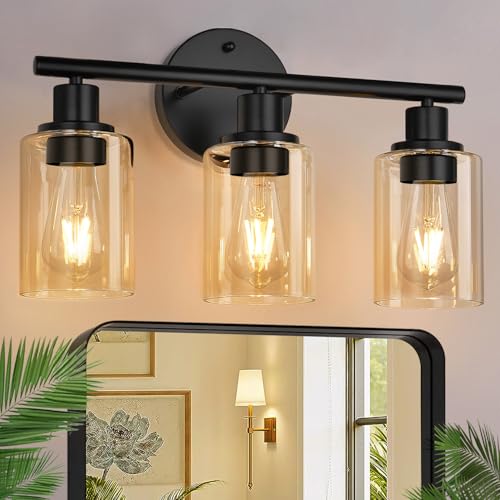 Image of Zarbitta 3-Light Bathroom Light Fixtures, Black Modern Vanity Lights with Amber Glass Shades, Bathroom Wall Lamp for Mirror Kitchen Living Room Hallway Cabinet Porch