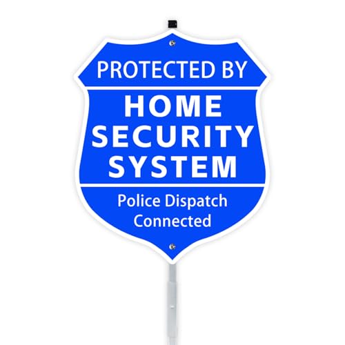 9 x 28 Shield Shape Home Security Signs for Yard with Stake and Accessories Protected By Home Security System Metal Signs for Yard Police Dispatch Connected Outdoor Warning Sign for House Security