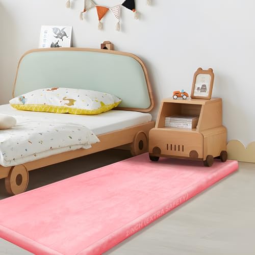 Image of 2 inch Thick Play Mat for Babies Toddlers,Extra Safety Anti-Fall Cushion Mat, Non-Slip Water-Repellent Coral Velvet,28 inchx72 inch Bedside Rug for Kids Room (Pink)