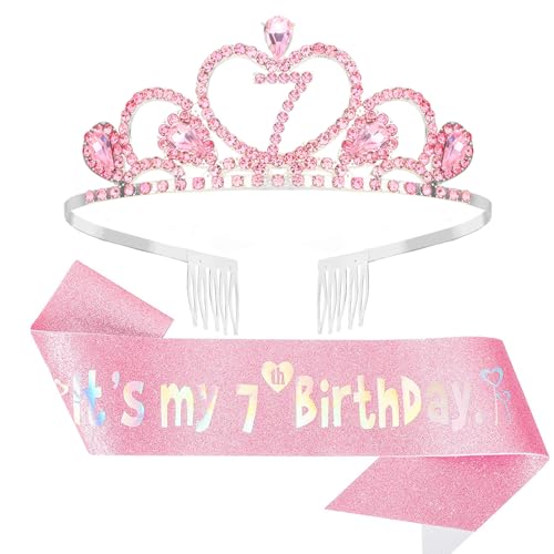Lilbitty Set di Corona di Compleanno Rosa con Tiara e Fascia per Ragazze - Corona da Principessa per Il 7° Compleanno, Perfetta per Feste e Celebrazioni