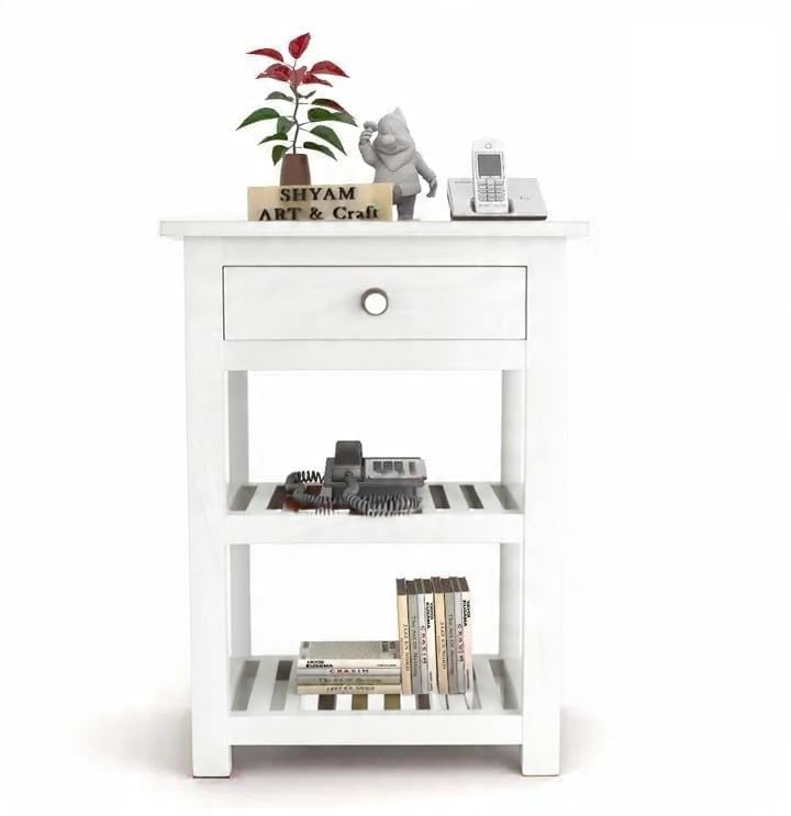 Image of SHYAM ART & CRAFT Solid Sheesham Wood Bedside Table with 2 Shelf & Drawers Storage for Bedroom Living Room Hall | Wooden Furniture Night Stand End Table for Home Office Hotels | White Finish
