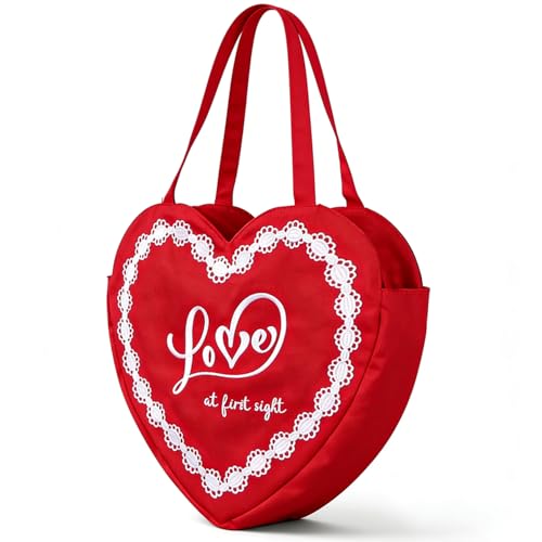 MIKI WELL Heart Shaped Embroidered Women Tote Bag - Reusable Canvas Shoulder Bag for Shopping, Working and Reading (Red)