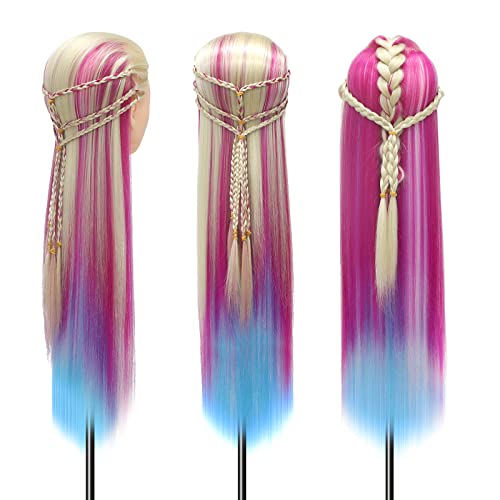 Trainingsköpfe, 28 inch Frisierkopf 100% Synthetikfaser-Haar Übungskopf, Frisurenkopf Ausbildung Kopf Mit Halter + DIY Haar Styling Braid Set (Regenbogen)