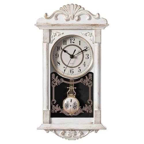 EMPOTEC Orologio da Parete a Muro Pendolo in Plastica Effetto Legno, Stile Vintage, per Soggiorno, Cucina o Sala da Pranzo, Finitura Anticata Colore Bianco h40 cm