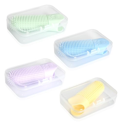 4 Pièces Brosse a Dent Chien Chat Silicone Doigt 360º avec des picots Réutilisable Avec Boîte Entièrement Enveloppés Soins Dentaires et Respiration Fraîche Bleu Vert Jaune Violet