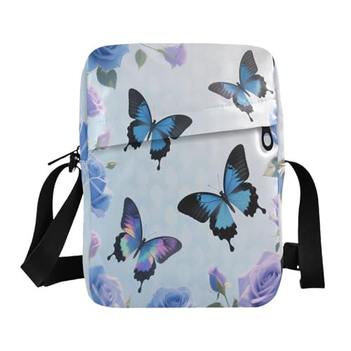 Blue-purple Rose Butterfly crossbody messenger bag Shoulder Bag Cross Body Purse Adjustable Strap for outdoor sports Outdoor Daily
