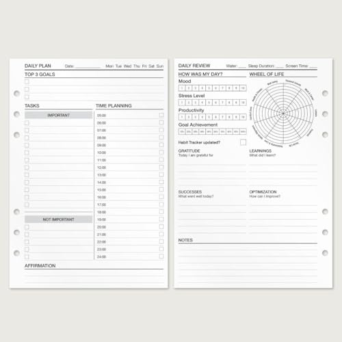 KOMPASS® Daily Planner - Timeboxing | A5 Planner Inserts | 30 Sheets for Structured Daily Planning with Time Blocking | More Productivity & Focus | Bullet Journal & To Do Refill Sheets