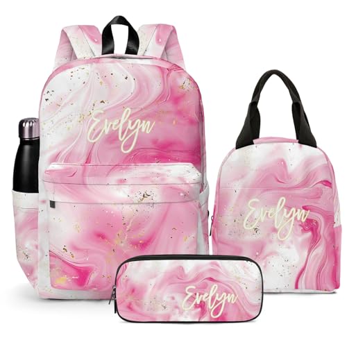 HUTARIO Personalized Backpack for School, Girls Kids Name Pink Bookbag Elementary School Backpack Set with Lunch Bag Box and Pencil Case, Waterproof Lightweight 16.8”