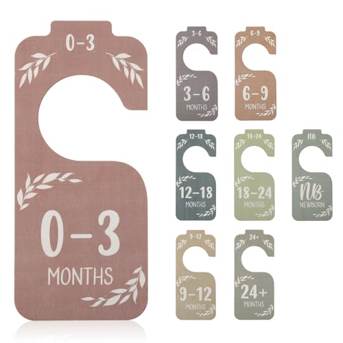 Image of 8 Pcs Wooden Baby Clothes Dividers for Closet Colorful Baby Closet Organizer Dividers Double-Sided Baby Clothes Size Hanger Organizer from Newborn to 24 Months for Nursery Beautiful Decor