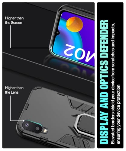 Image of WOW IMAGINE Shockproof Back Case Mobile Cover for Samsung Galaxy M02 (Armor | Hybrid PC + TPU | Full Protection with Ring Holder Kickstand | Carbon Black)