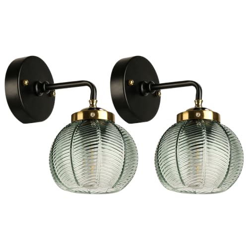 Image of Black Gold Bathroom Light Fixture Green 1-Light Bathroom Vanity Lamp | Mid Century Vanity Light Art Deco Light with 15cm /5.9″‌ Globe Glass Ribbed Lamp Shade for Over Mirror Bedroom Hallway 2 Pack