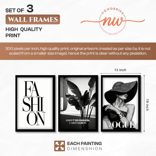 Image of NoWorries Modern Fashion Wall Art Frame Paintings 300 GSM Premium Prints | Vogue Lady Art, Botanical Print & Typography Frames | Stylish Home Decor for Living Room, Office & Bedroom | Synthetic Wooden Finish Wall Art Frames (Set of-3) (BLACK, ART-13, 13X19INCHES)
