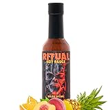 HELLFIRE RITUAL CARIBBEAN SPICED RUM INFUSED HOT SAUCE. A TASTE OF THE ISLANDS TRINIDAD SCORPION, 7-POT PRIMO AND ORANGE HABANERO PEPPERS BRING AN ERUPTION OF HEAT! MANGOES, PAPAYAS, PINEAPPLES, MANDARIN ORANGES AND PEACHES COMBINED WITH EXOTIC SPICES AND CARIBBEAN SPICED RUM BRING AN EXPLOSION OF FLAVOR! THIS SAUCE WON 1ST, 2ND, AND 3RD PLACE AT THE NYC HOT SAUCE EXPO IN 2019!