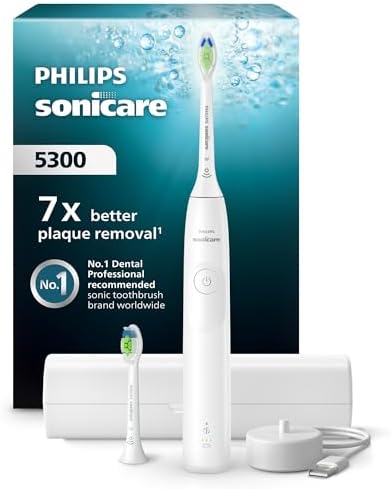 Philips Sonicare 5300 Şarjlı Diş Fırçası, 21 Gün Şarj, 7 kat plak temizliği, Basınç sensörü, 2 mod, Seyahat kabı, 2 başlık, Beyaz, HX7108/03 — Amazon ürün görseli