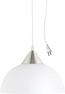 Globe Electric 64413 1-Light Plug-in Pendant, Brushed Steel, Frosted White Shade, 15ft Clear Cord,