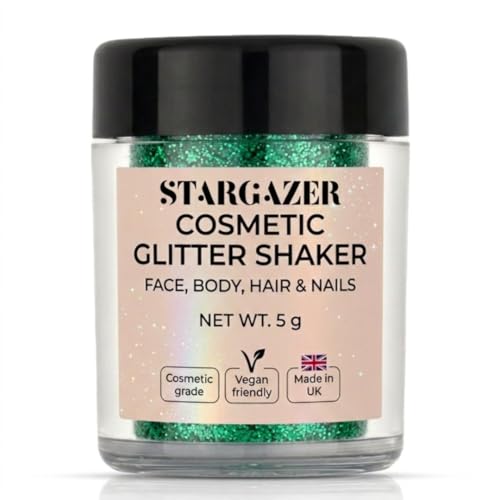 Stargazer Glitter Shaker, Green. Cosmetic glitter powder for use on the eyes, lips, face, body, hair and nails.