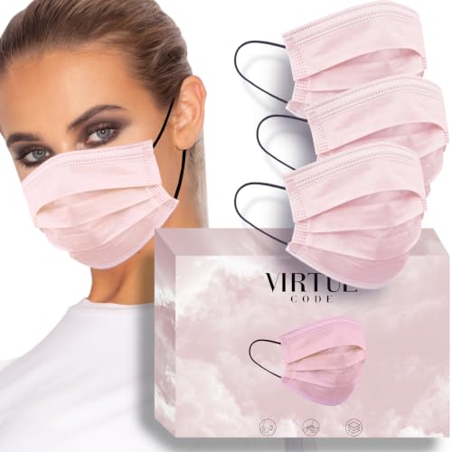 Image of VIRTUE CODE Pink Support Face Masks - Soft 3 Ply Comfort Colorful Disposable Face Mask 50 Pack. Adults Mens and Womens Disposable