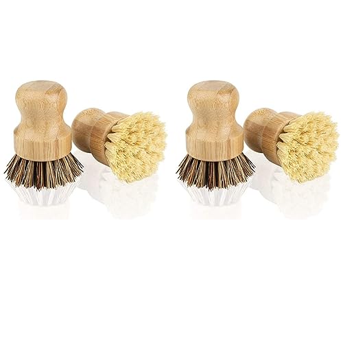 Bloepum Bamboo Dish Brush 4Pcs Bamboo Mini Scrub Brush Pot Brushes Dish Scrubber for Cast Iron Skillet, Kitchen Sink, Bathroom
