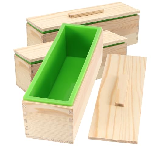 ZOENHOU 3PCS 42oz Green Soap Molds with 3 Lids, Flexible Rectangular Silicone Soap Making Molds Kit with Wood Box DIY Tool Set for Soap Making Supplies
