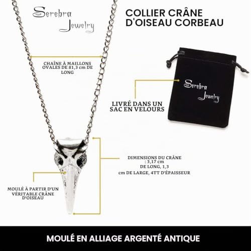 Corbeau Crâne Collier Pendentif en Teinte Argent by Serebra Jewelry – vue 4
