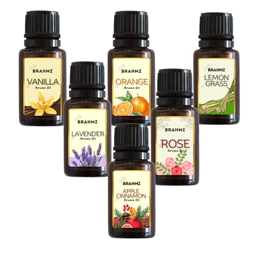 Image of Brahmz Aroma Oils Gift Set, 6 Bottles, 10g Each, Vanilla, Orange, Lemongrass, Lavender, Rose, Apple Cinnamon, Essential Oils for Aromatherapy