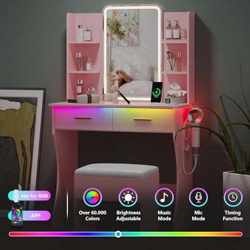 Image of Small Vanity Desk with Mirror and Lights, Makeup Vanity with LED Lights, Pink Vanity Mirror with Lighted Desk and Chair, 3 Lighting Adjustable Compact Dressing Table with Mirror for Women, Girls
